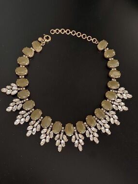 J. Crew Statement Necklace with Olive Green Stones and Clear Crystals